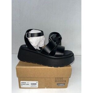 Steve Madden Women's Tenysi Black Leather Strappy Platform Sandals Size 7M